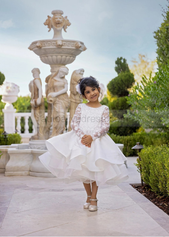 Sheer Long Sleeves Ivory Lace Satin Twinkle Flower Girl Dress